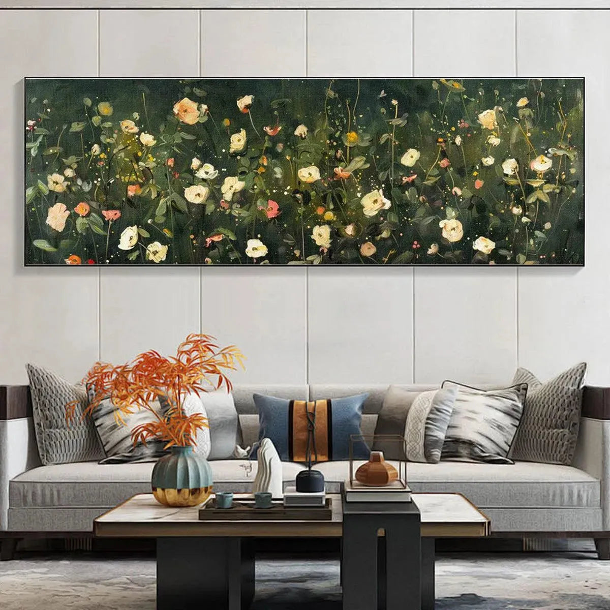 Whispering Meadow Panoramic: Wildflower Painting | Panoramic Wall Art | Dark Floral Decor