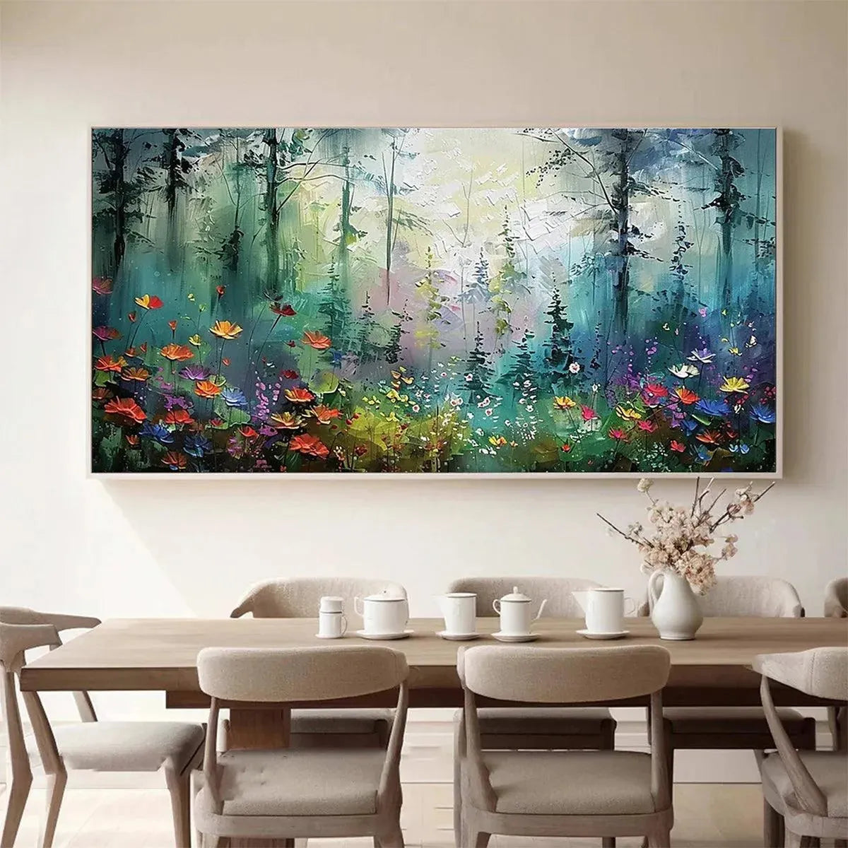 Elodie Dubois' 'Whispering Woods' impressionistic forest painting with vibrant wildflowers displayed in a modern dining room.