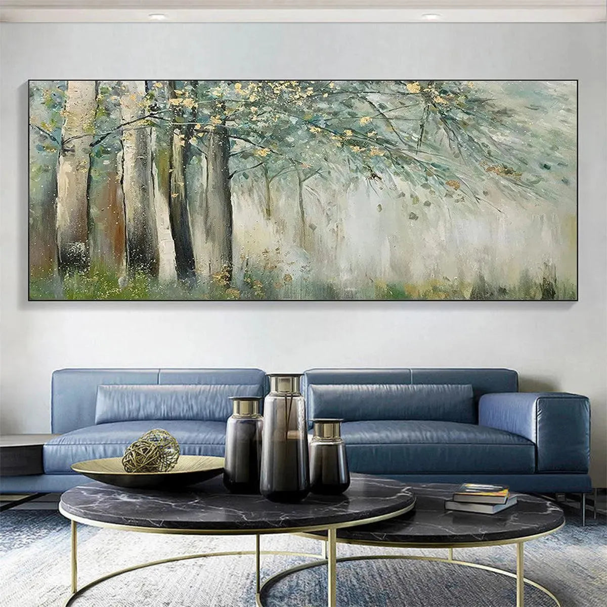 Original textured oil painting, "Whispering Woods" by Liam O'Connell. Green forest, birch, gold leaf. Lifestyle.