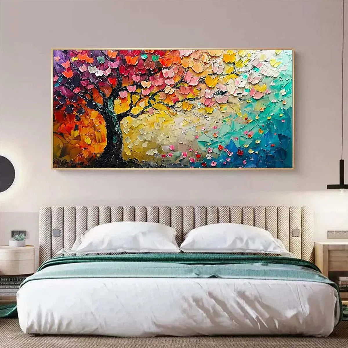 Whispers of Autumn textured impasto tree painting, vibrant colors, framed art. Modern bedroom decor by Liam O'Connell.