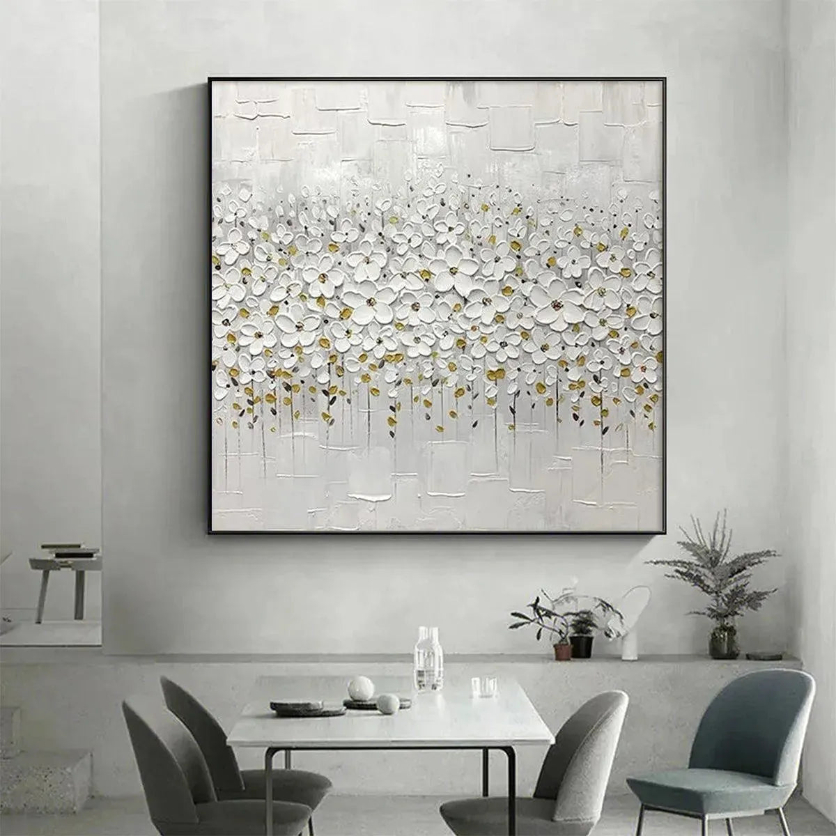 WHITE BLOSSOM FIELD textured floral wall art with white impasto blossoms and gold, in modern dining space.
