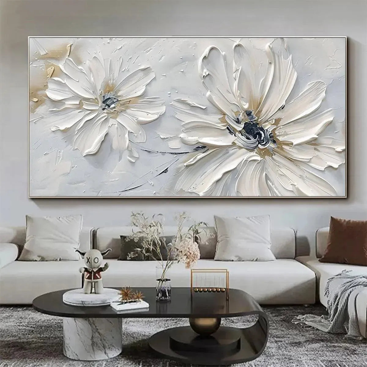Elodie Dubois 'White Blossom Serenity' - Textured white floral art, framed horizontal painting, modern decor