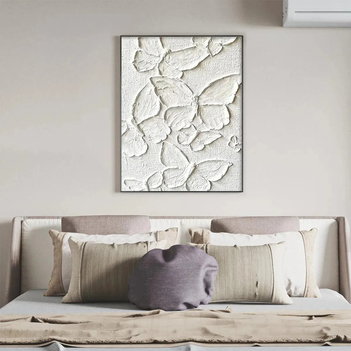 White Butterflies 3D impasto painting by Isabella Rossi, vertical wall art above a bed, elegant bedroom decor