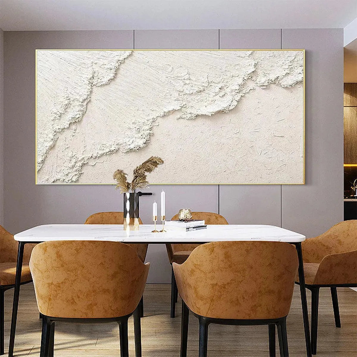 WHITE CREST: Textured white impasto seascape painting by Isabella Rossi in a dining room, coastal wall art.