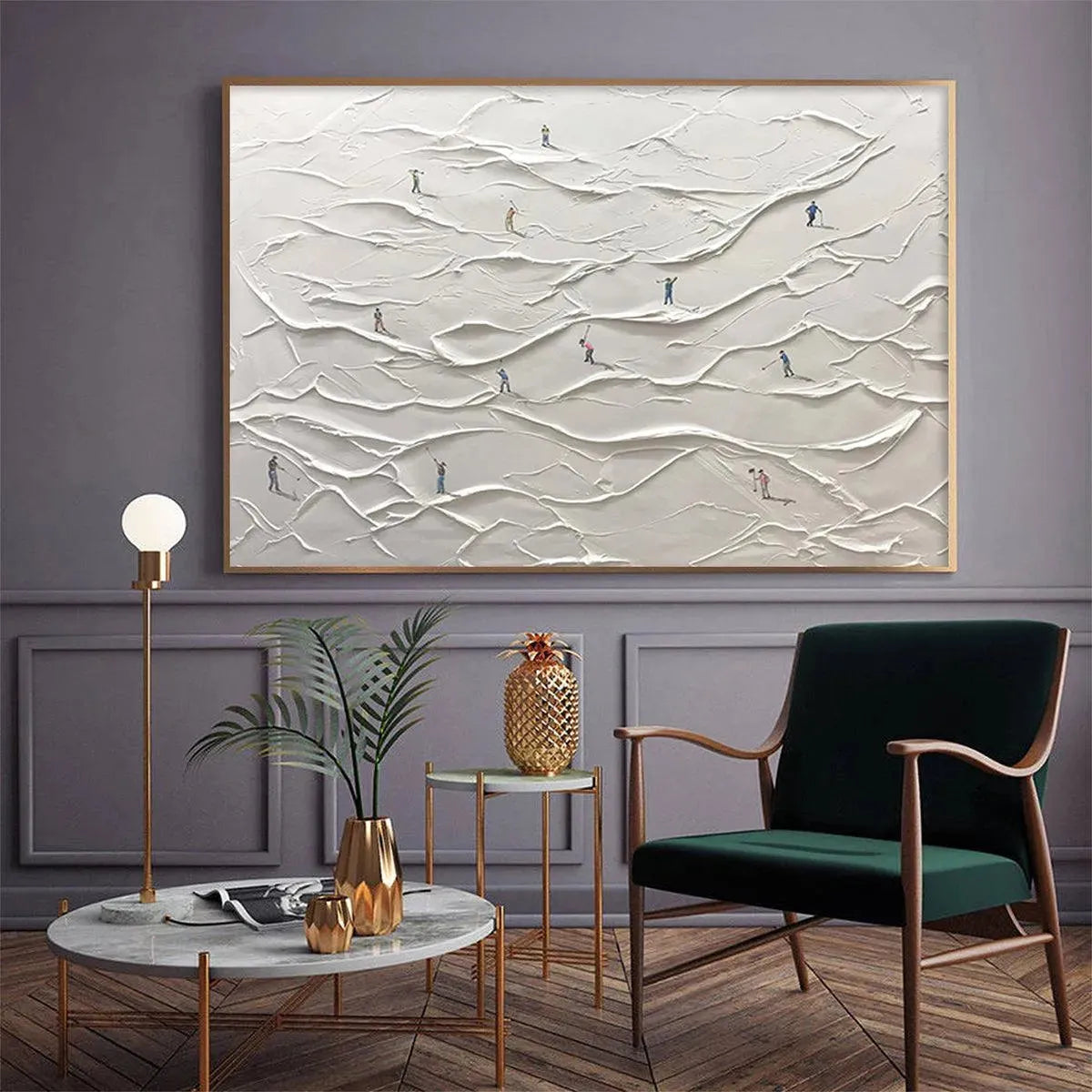 Liam O'Connell White Greens golf painting: Textured white impasto landscape with miniature golfers; modern art for home decor