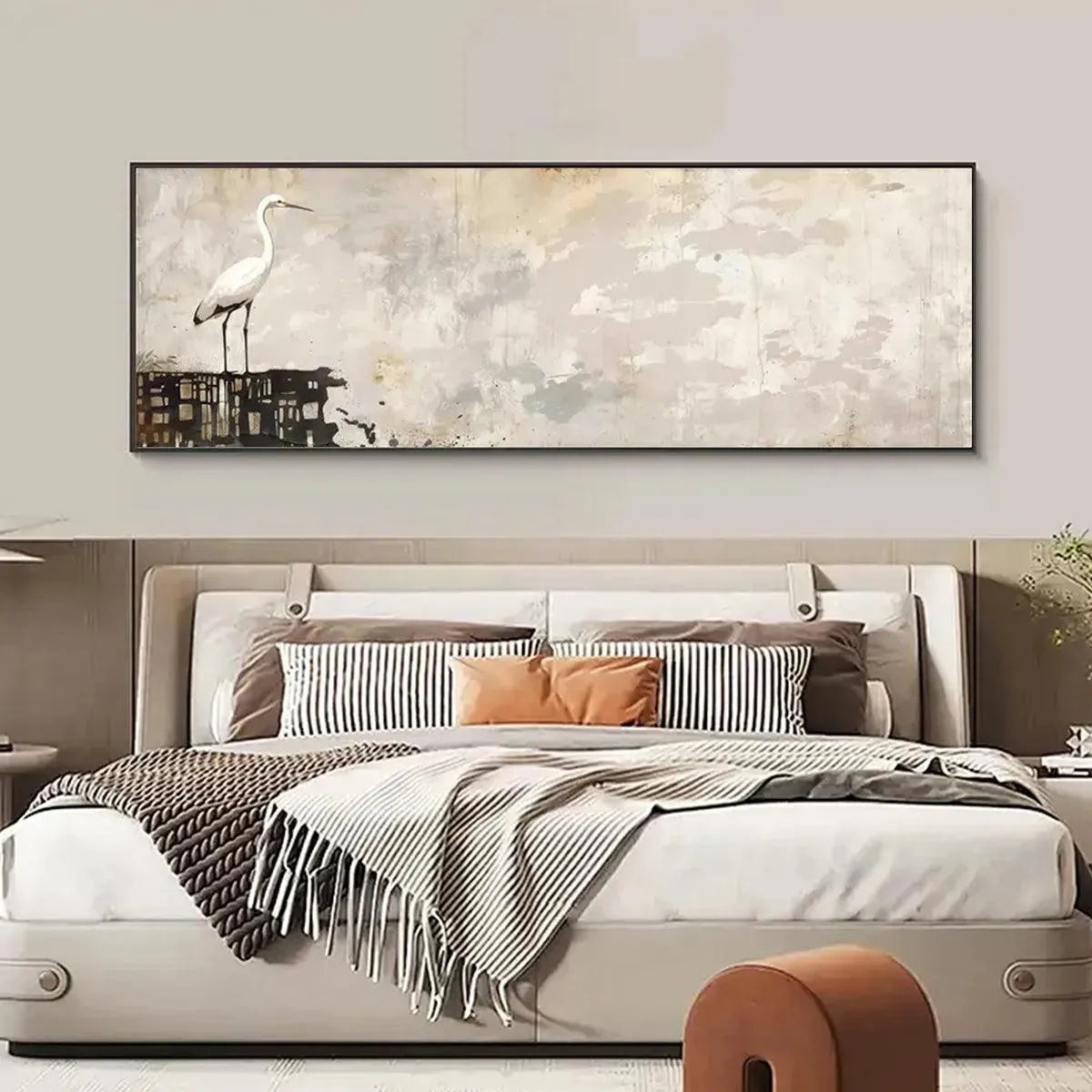 White Heron Panoramic wall art, minimalist bird painting above a bed.