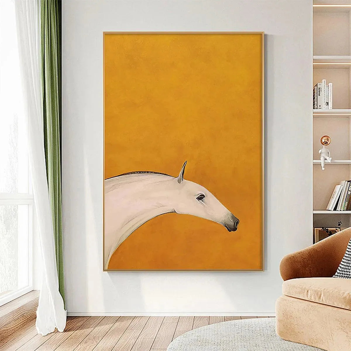Minimalist white horse head painting by Javier Ramirez, vertical wall art with yellow background. Modern art for home decor.
