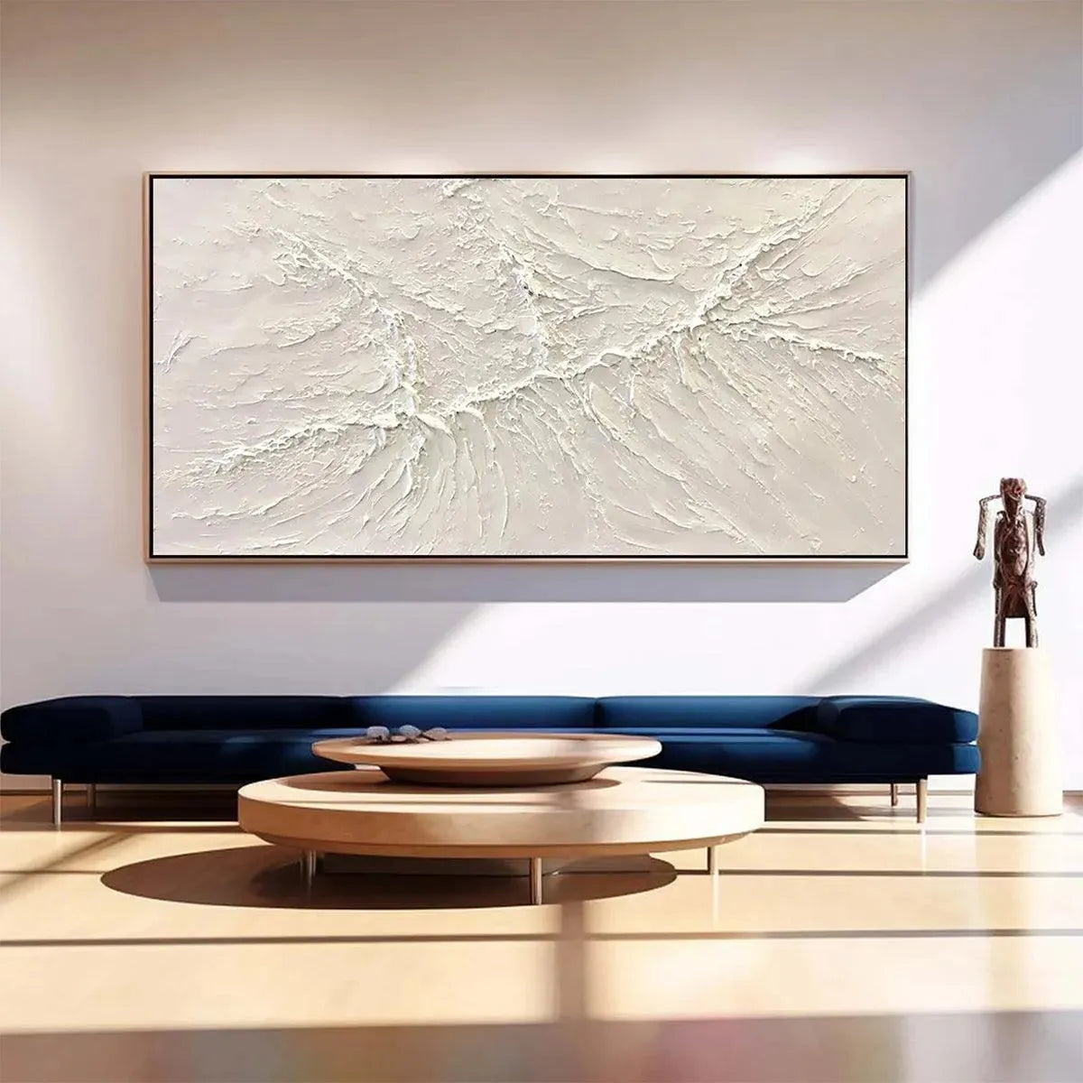 WHITE SANDS horizontal textured abstract painting above navy sofa, modern minimalist wall art.