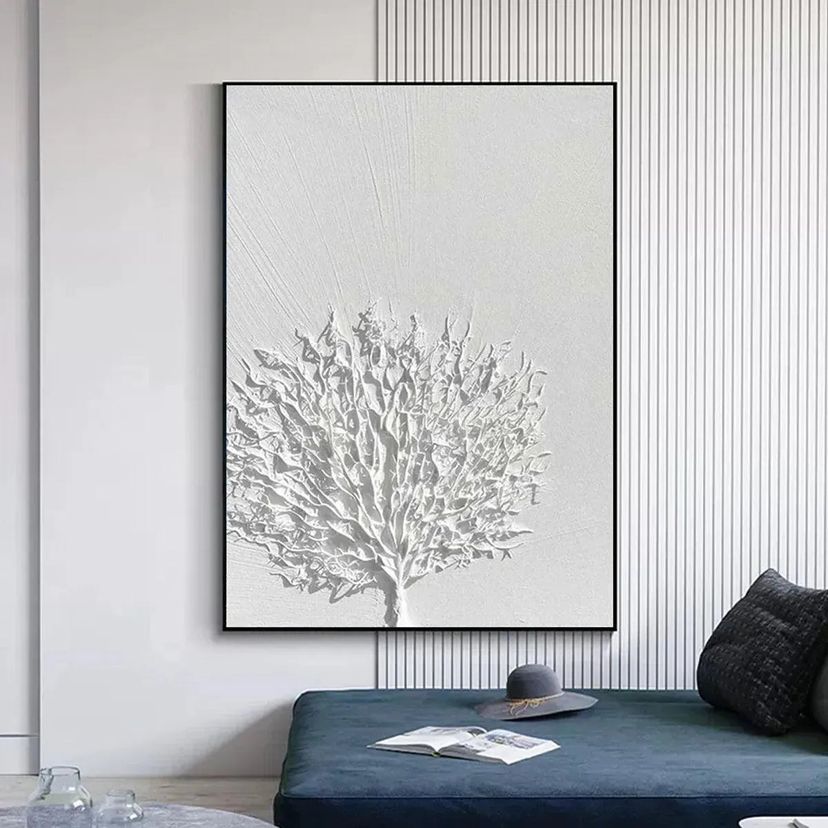 Elodie Dubois White Textured Tree wall art: Minimalist white artwork with textured design, ideal for modern spaces.