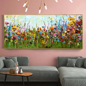 Wild Bloom Meadow: Panoramic Impasto Wildflower Oil Painting on Canvas