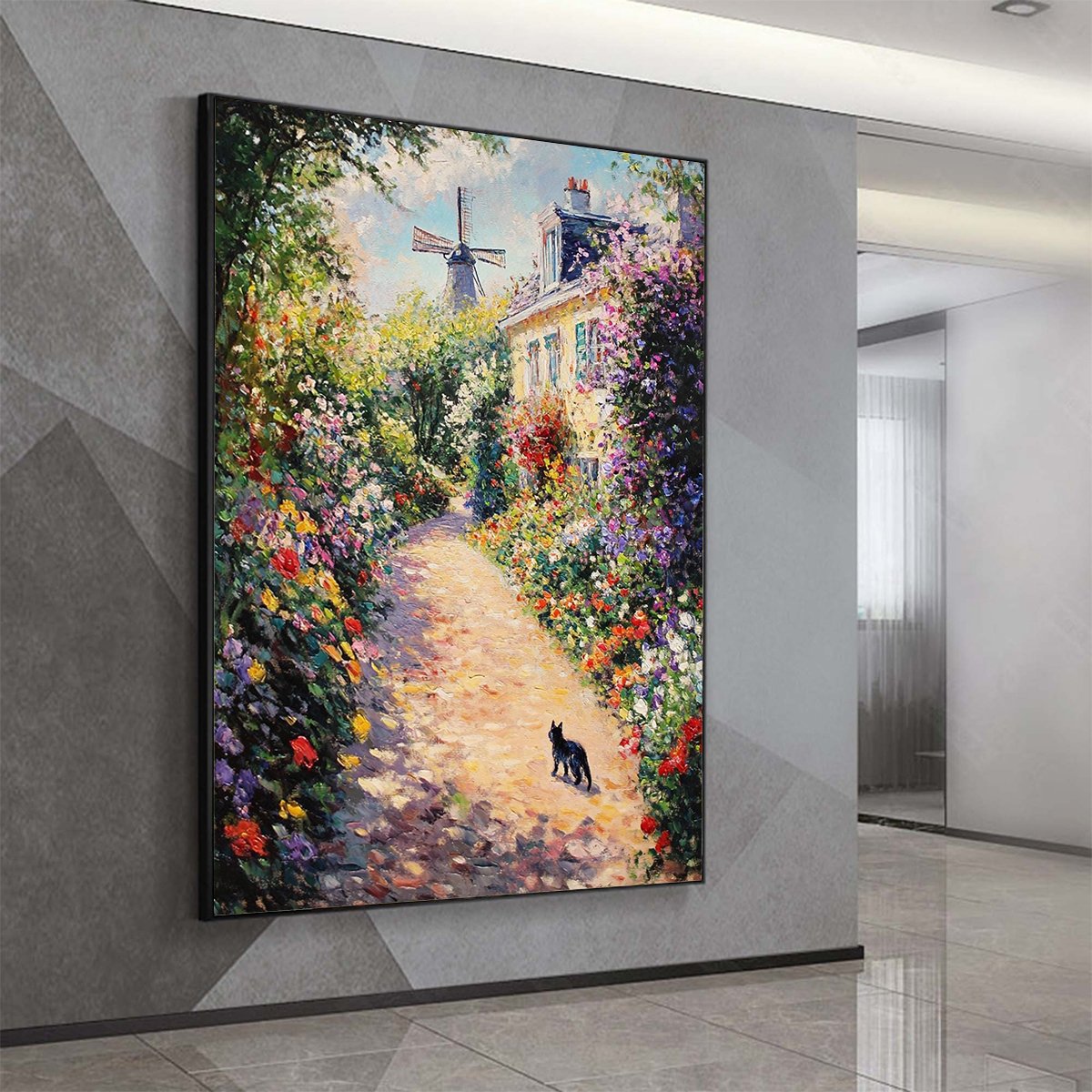 WINDMILL WAY: Charming Village Garden Path Oil Painting