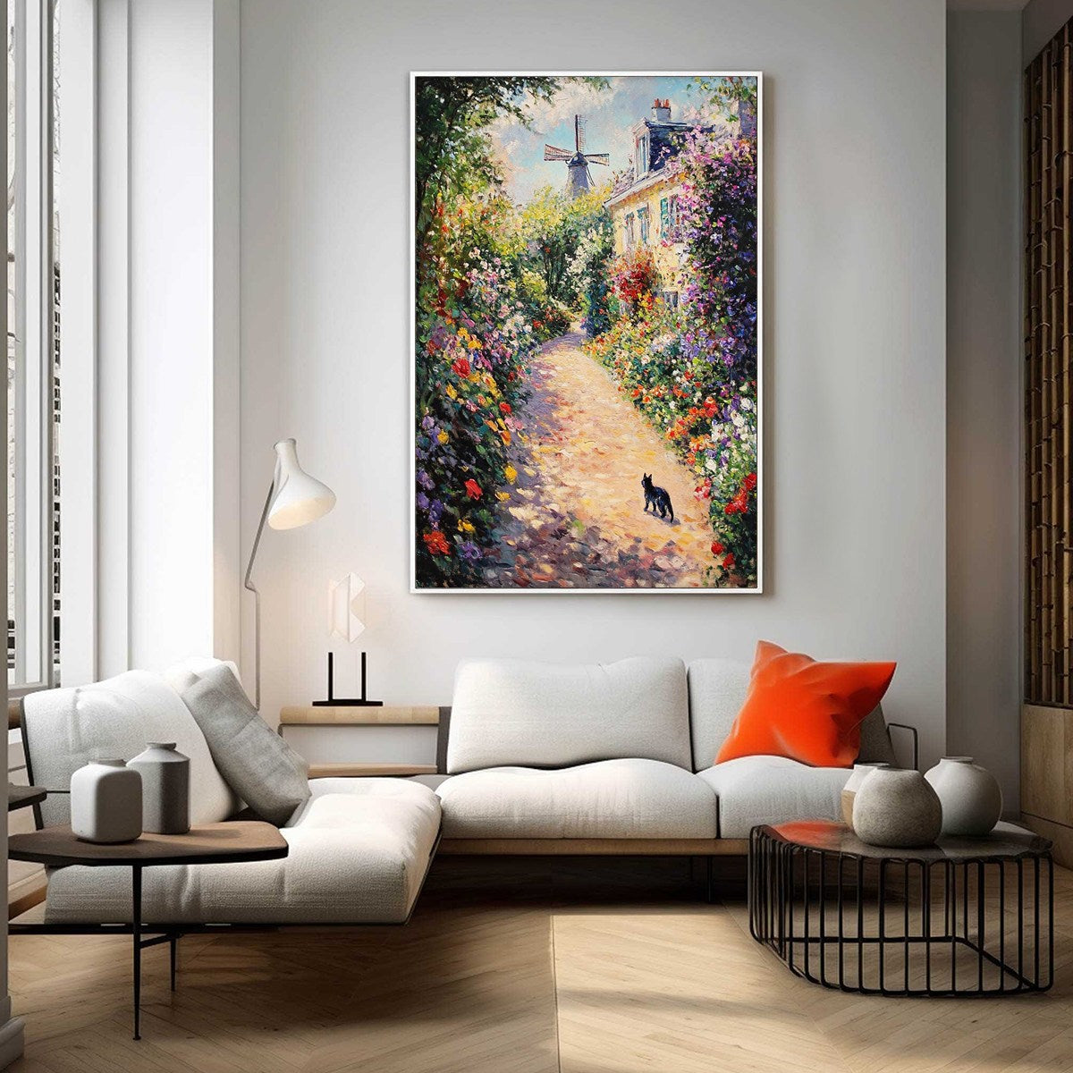 Windmill Way: Original Village Garden Path Oil Painting - Colorful