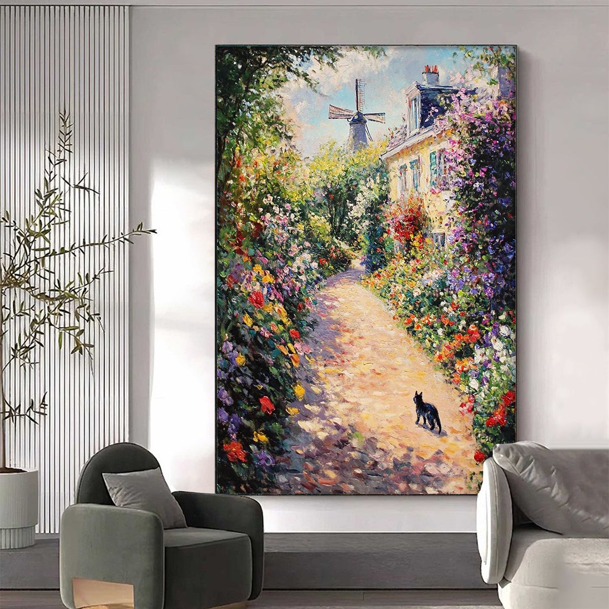 Windmill Way: Original Village Garden Path Oil Painting - Colorful