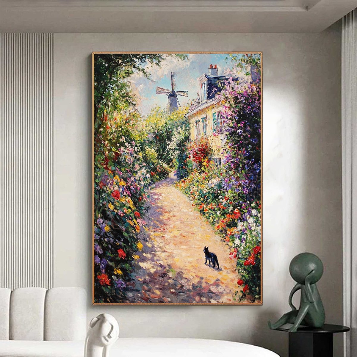 Windmill Way: Original Village Garden Path Oil Painting - Colorful Landscape Wall Art