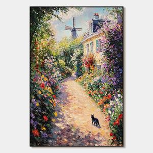 Windmill Way: Original Village Garden Path Oil Painting - Colorful Landscape Wall Art