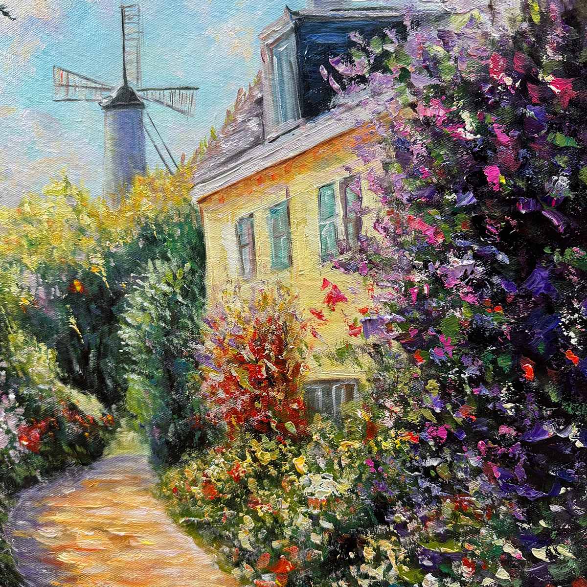 WTW アート　A3 Windmill Way: Original Village Garden Path Oil Painting - Colorful