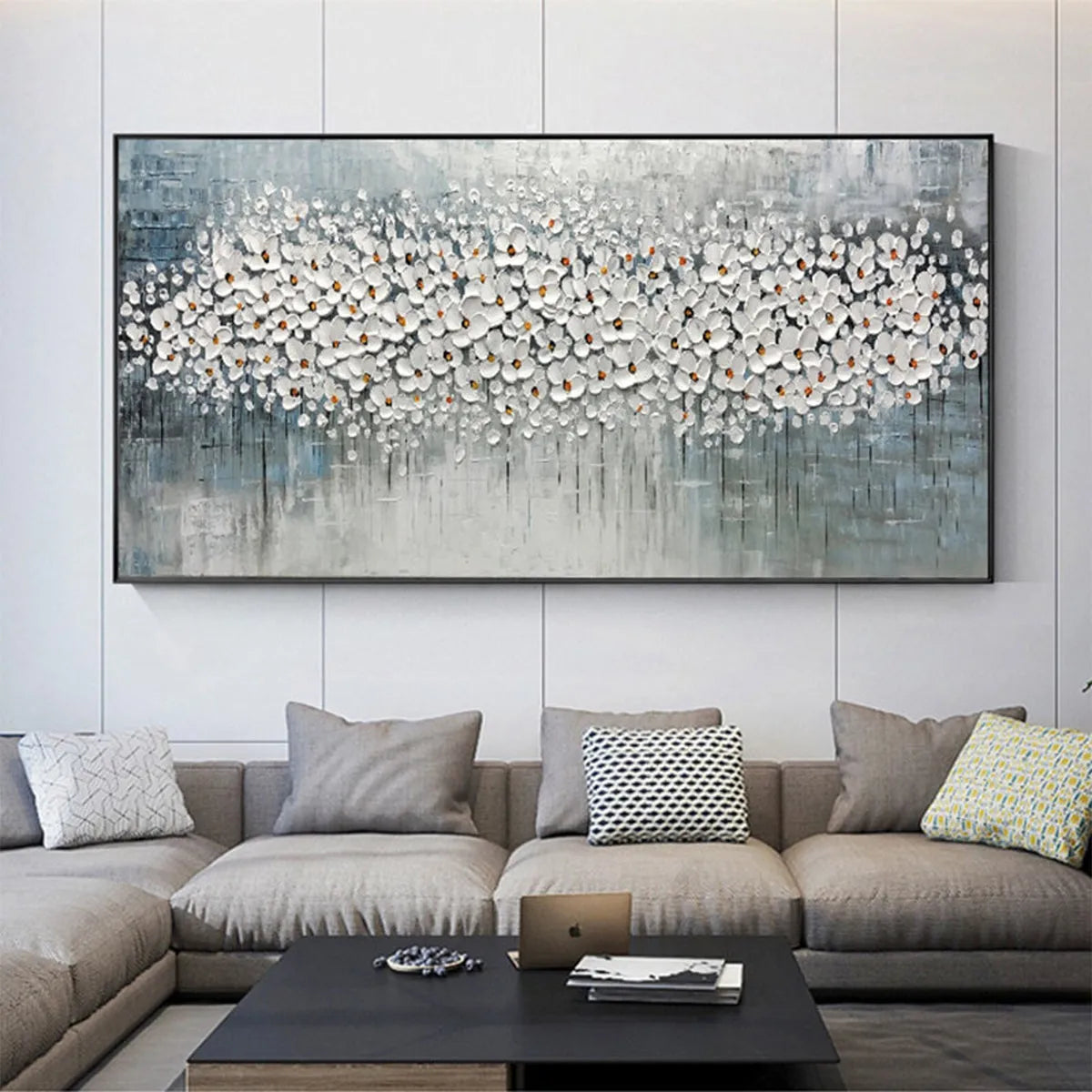 Winter Blossom: Panoramic Impasto Floral Oil Painting in White and Grey on Canvas