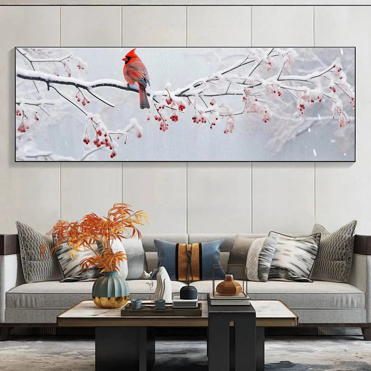 Winter Cardinal Panoramic: Bird Painting | Panoramic Wall Art | Winter Decor