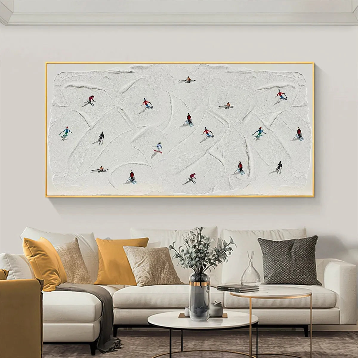 Winter Rhapsody: Minimalist Skiing Painting on Textured Canvas
