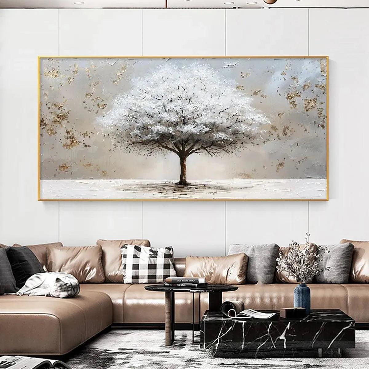 WINTER'S GRACE textured painting: white tree, gold accents on beige. Liam O'Connell art for lifestyle home decor.