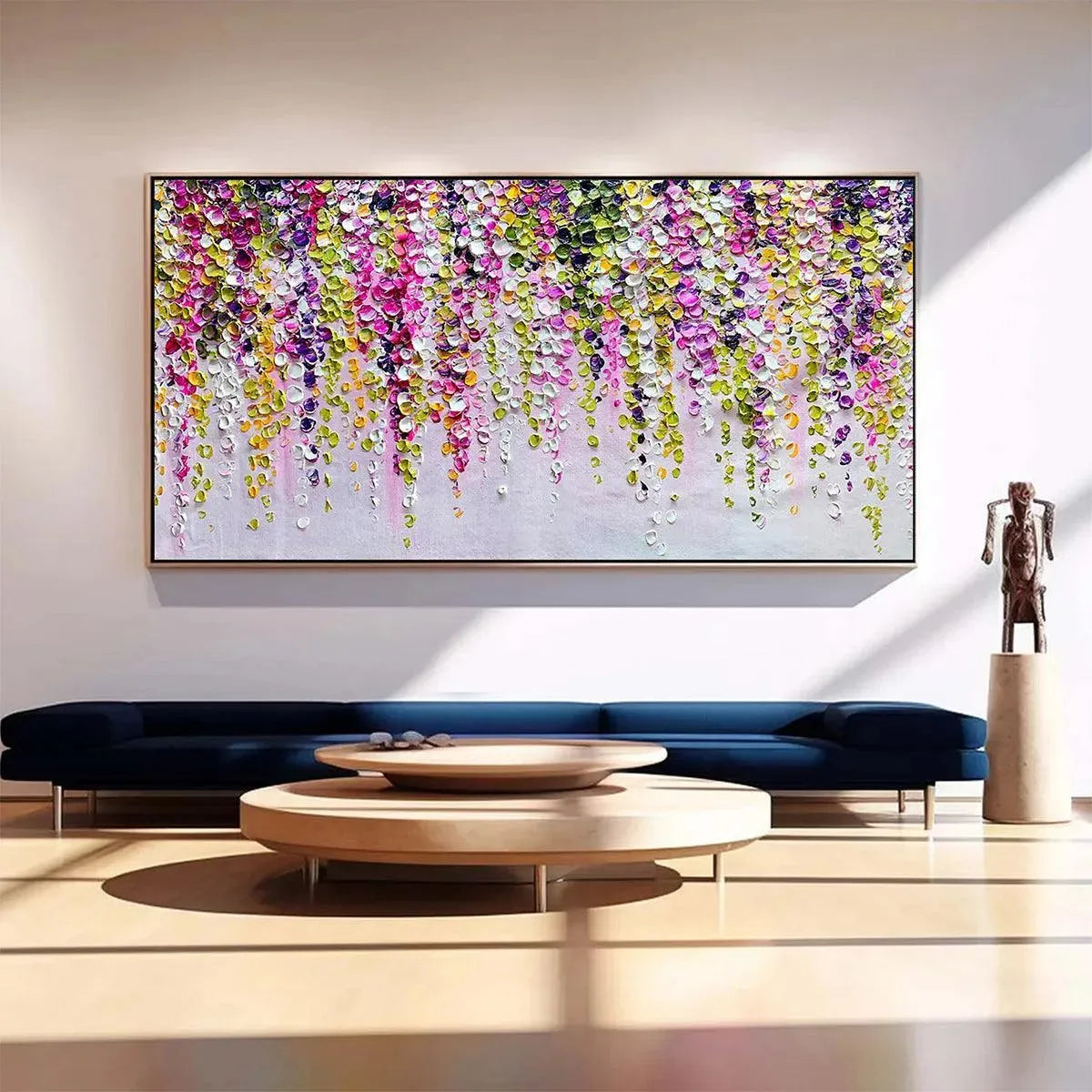 Wisteria Cascade painting with cascading pink, purple, green blossoms in impasto style, displayed in a modern living room.
