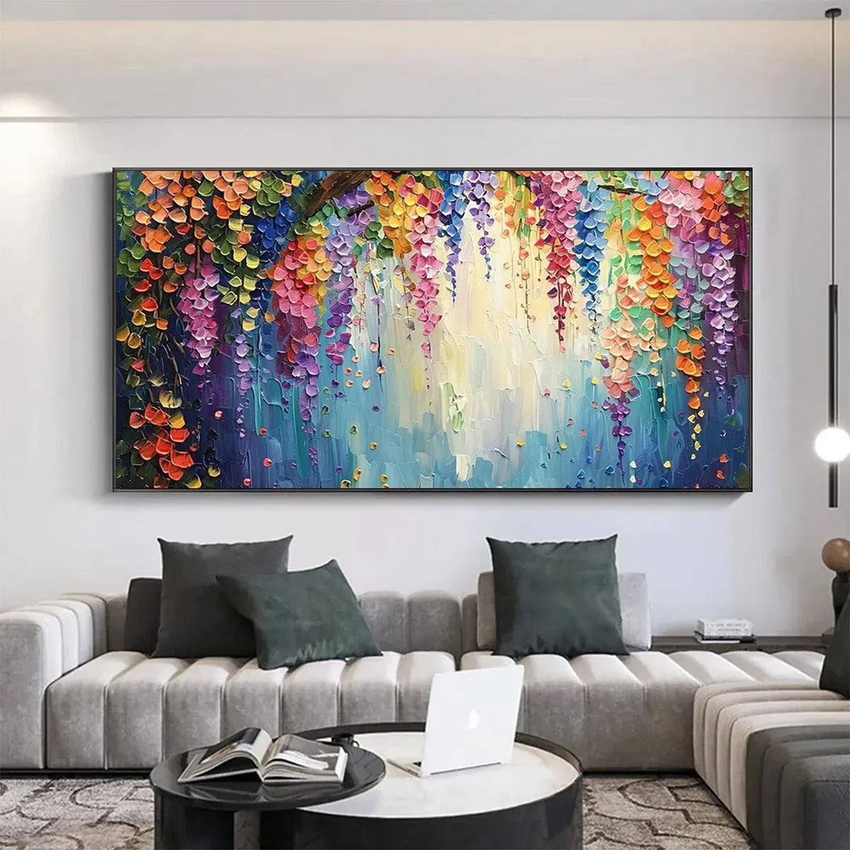 Vibrant textured impressionist painting of cascading rainbow wisteria flowers over a modern sofa.