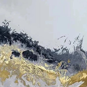 Gold & Grey Abstract Triptych painting set with impasto texture and metallic gold leaf accents.