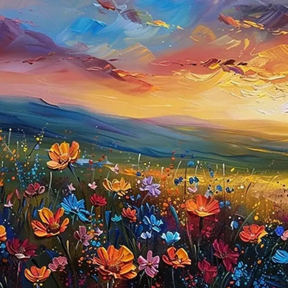 Sunset Serenade: Textured Floral Landscape Painting | Impasto Wall