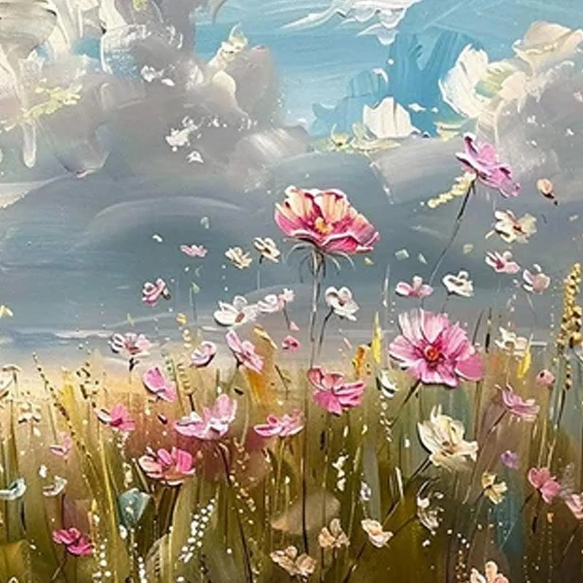 COSMOS FIELD: Textured Floral Landscape Painting, Impasto Wall Art, Horizontal Canvas, Wildflower Decor