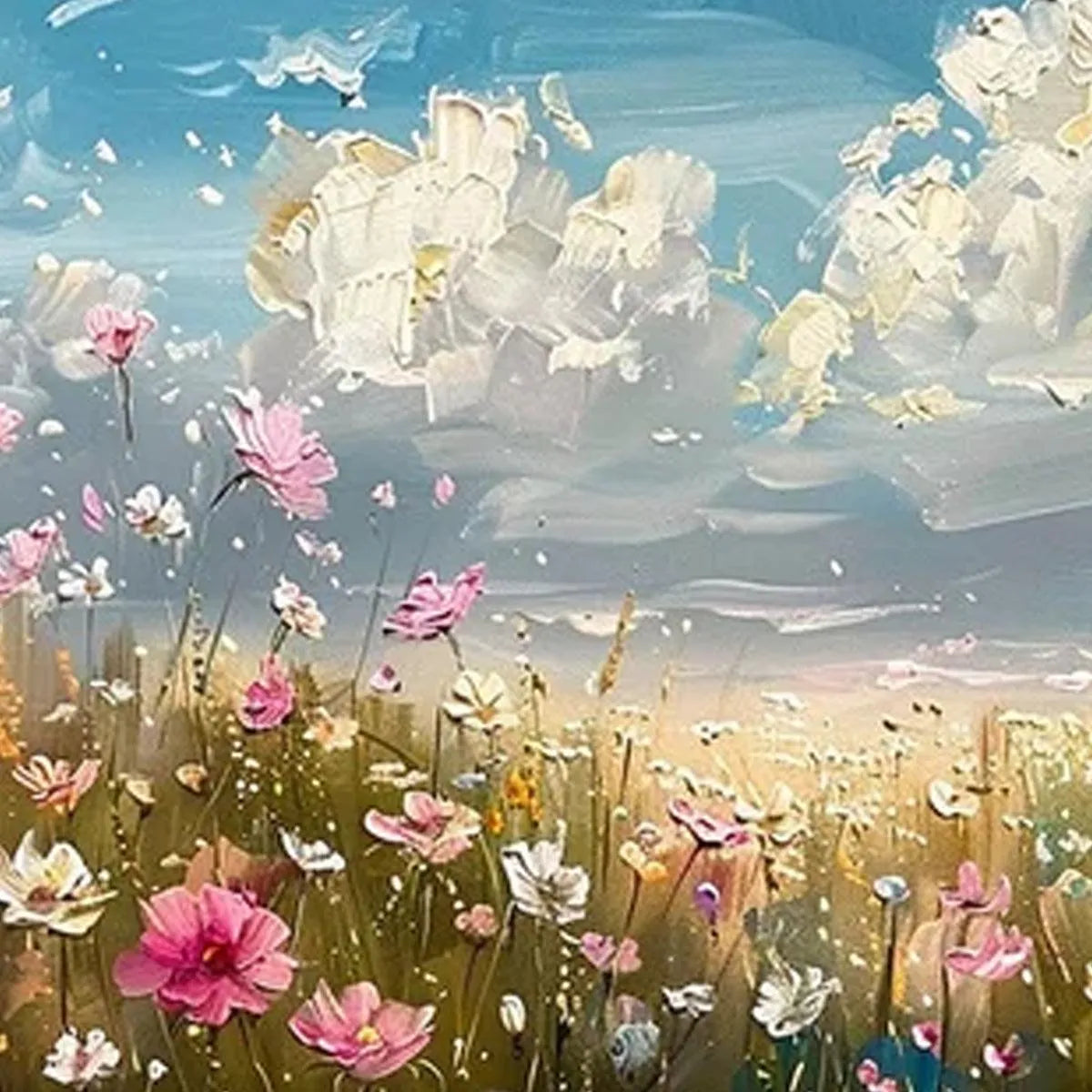 COSMOS FIELD: Textured Floral Landscape Painting, Impasto Wall Art, Horizontal Canvas, Wildflower Decor