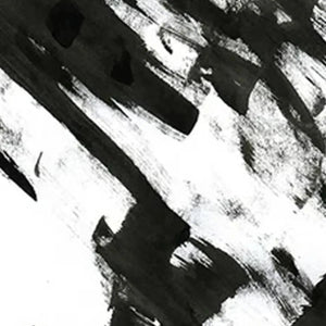 Close-up of a black and white abstract triptych painting by Javier Ramirez, showcasing bold brushstrokes and texture.