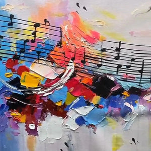 Abstract music painting with vibrant impasto colors and black musical notes on staff lines.