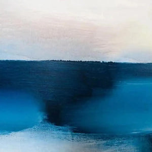 Abstract Ocean Diptych: close-up of vertical seascape art with deep navy blue and soft white-pink sky by Willow Davies