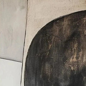 Close-up texture of abstract geometric diptych painting in black and brown tones with subtle linear details.