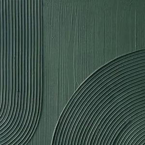 Close-up of Isabella Rossi's green textured abstract painting, showing raised linear arches and tactile depth.