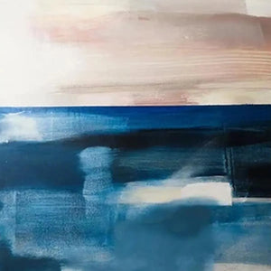 Abstract Ocean Diptych: vertical seascape art with pink, beige, and blue hues by Willow Davies.