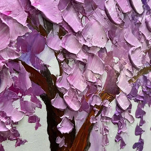 Elodie Dubois' Purple Wisteria painting: close-up detail showcasing thick impasto blossoms and branches.