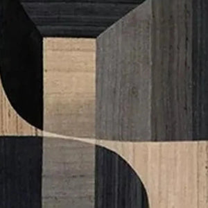 Close-up of Javier Ramirez's minimalist geometric diptych art with curved lines and blocks in black, beige, and grey.