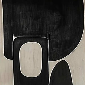 Black and beige abstract painting close-up, textured black shapes with white outlines on beige background.