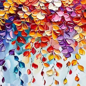 Textured impasto artwork close-up: vibrant, thick paint creating cascading floral shapes in a spectrum of colors.