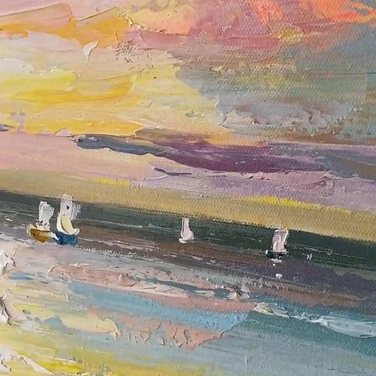 SAILBOATS AT SUNSET: Seascape Painting, Impasto, Textured Wall Art, Ocean Sunset, Vertical