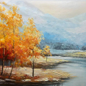 Vibrant Golden Autumn Valley landscape painting. Rich yellow trees, blue river & misty mountains showcase artistic detail.