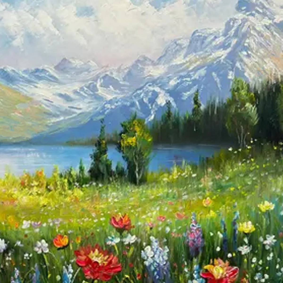 ALPINE WILDFLOWER PARADISE: Colorful Landscape Painting with Mountains and Wildflowers