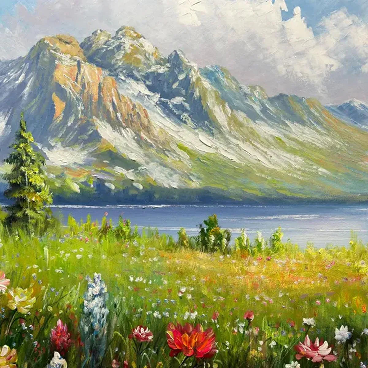 ALPINE WILDFLOWER PARADISE: Colorful Landscape Painting with Mountains and Wildflowers