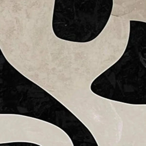 Close up of Javier Ramirez diptych painting: beige organic shapes on textured black background, minimalist wall art.