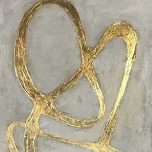 Close-up of Golden Abstract Diptych painting with textured raised gold lines on a light gray background.
