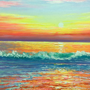 Tropical Sunset Beach: Vibrant coastal impasto painting with rich orange sky, turquoise waves, and golden sun reflection.