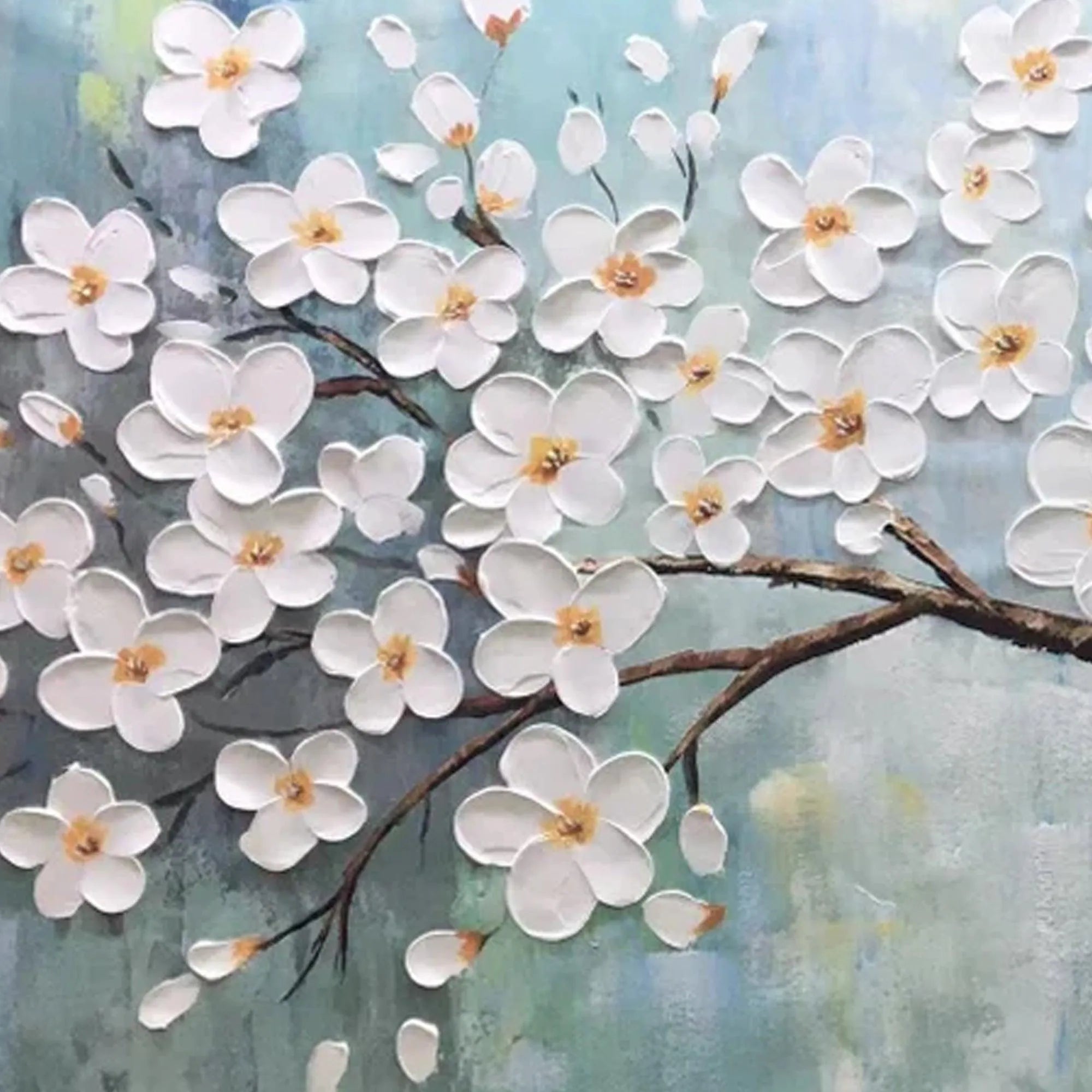 WHITE BLOSSOMS: Textured Floral Painting in White and Blue