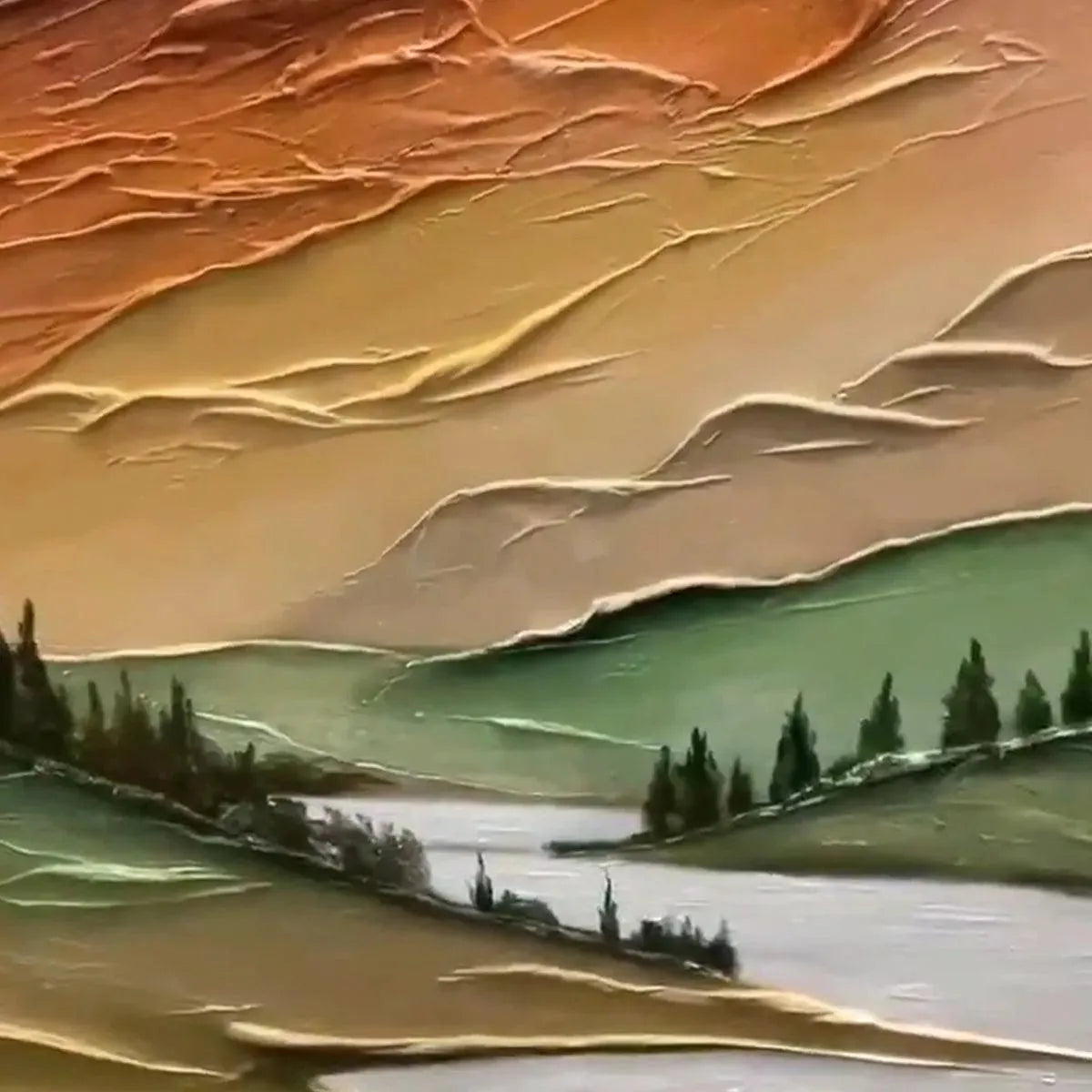 Golden Valley: Textured Mountain Landscape Painting | Green and