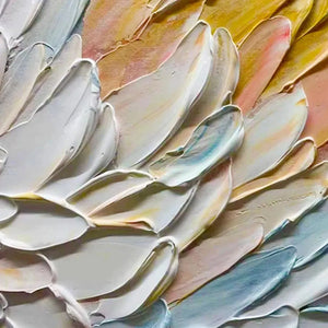 Close-up: Petal Whirl textured floral painting, prominent impasto details, neutral cream, pink, blue, gold tones.